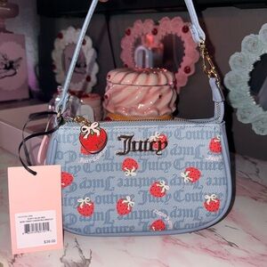 Juicy Couture Dusty Blue/Red Strawberry Sweet Convertible Wristlet / Mini Bag